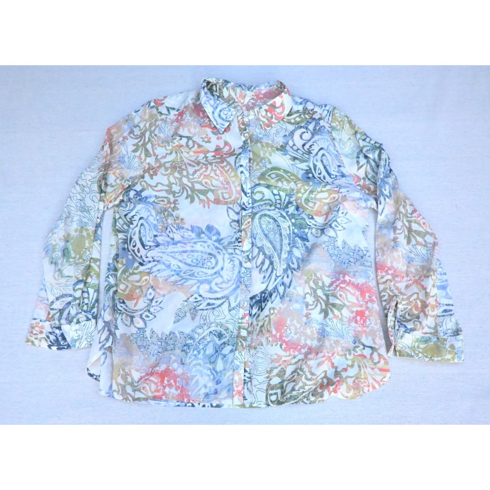 Chicos Womens 2 100% Cotton Paisley Button Up Blouse White Multi Long Sleeve